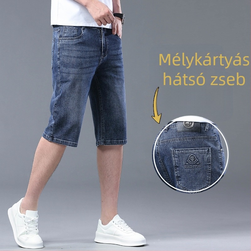 Férfi nyári farmer rövidnadrág, magas derekú, rugalmas anyag, egyenes szabás, zseb részlet