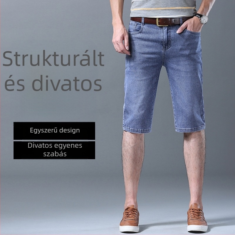 Férfi nyári farmer rövidnadrág, magas derekú, rugalmas anyag, egyenes szabás, zseb részlet