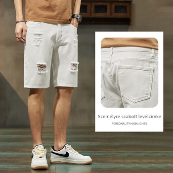 Férfi denim rövidnadrág, vékony denim anyag, egyenes szabás, repesztett részletek, fiatalos divat