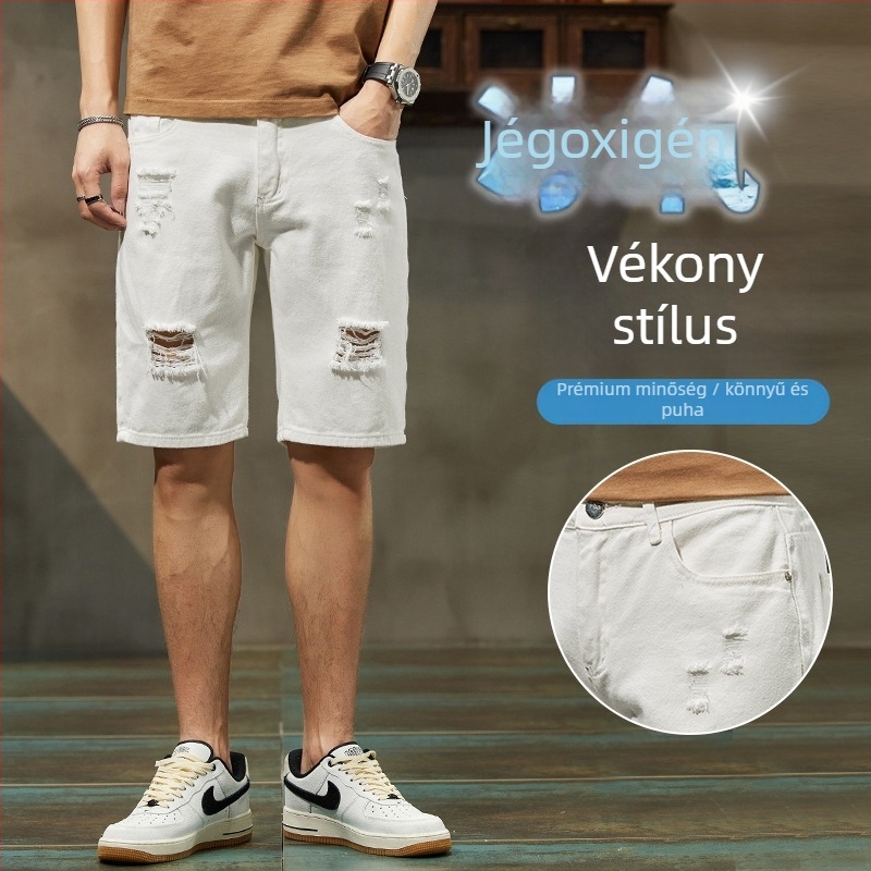 Férfi denim rövidnadrág, vékony denim anyag, egyenes szabás, repesztett részletek, fiatalos divat