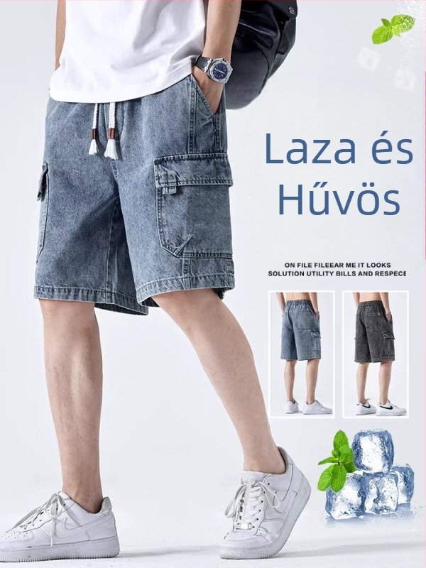 Férfi denim rövidnadrág - lazán egyenes szabású ötpontos hossz, nyár 2024, pamut-denim keverék