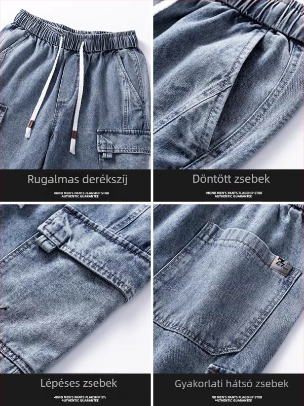 Férfi denim rövidnadrág - lazán egyenes szabású ötpontos hossz, nyár 2024, pamut-denim keverék