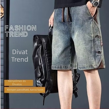 Férfi denim rövidnadrág, összetett dizájn (splicing), egyenes szabás, középmagas derekú, zsinóros zárás