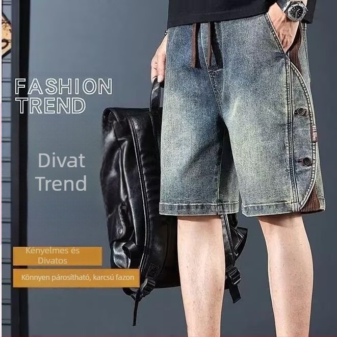 Férfi denim rövidnadrág, összetett dizájn (splicing), egyenes szabás, középmagas derekú, zsinóros zárás