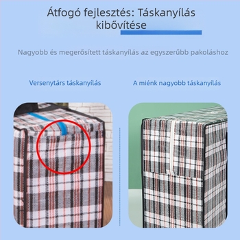 Kocka alakú, szövött anyagból készült költöztető és tároló táska; vízálló, nedvesség- és porálló; megerősített és tartós.