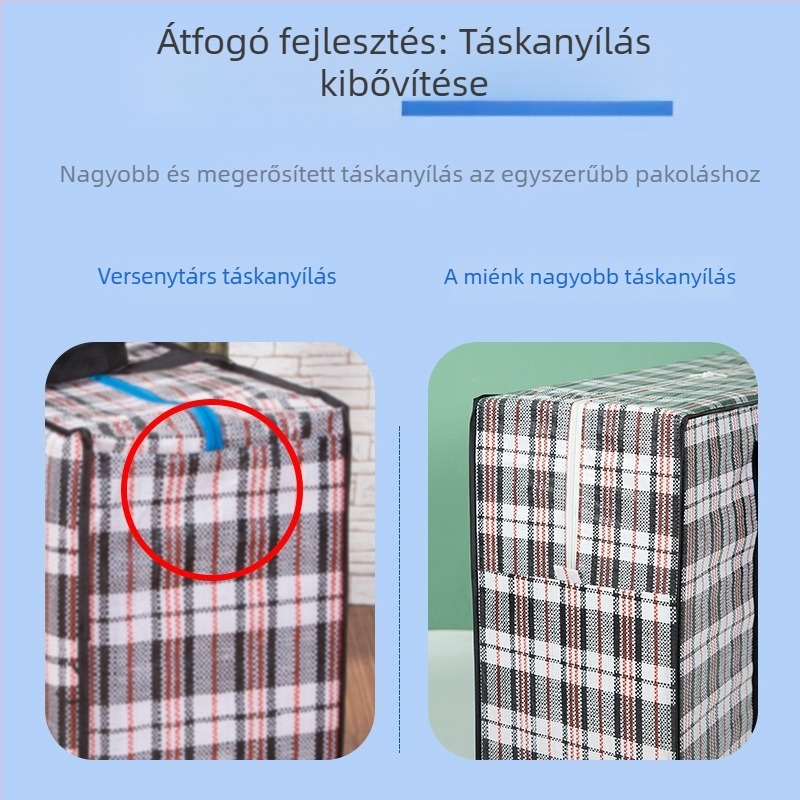 Kocka alakú, szövött anyagból készült költöztető és tároló táska; vízálló, nedvesség- és porálló; megerősített és tartós.
