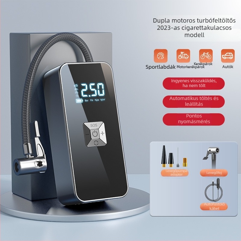 Vezeték nélküli hordozható autó légpumpa digitális kijelzővel, USB töltéssel, 35 L/perc légáram, 80 W alatt, tömeg 465 g