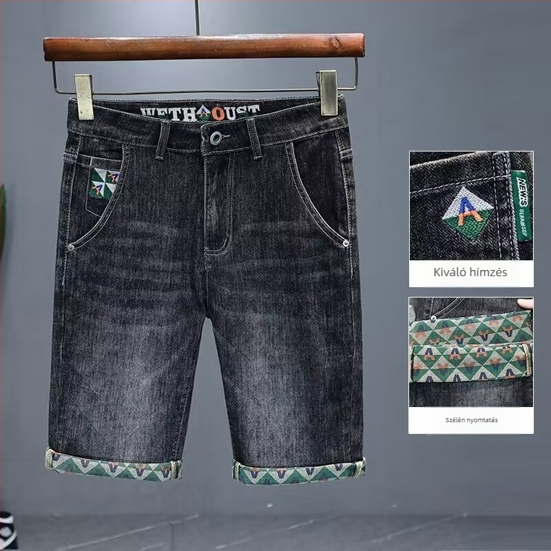 Férfi nyári vékony denim rövidnadrág, laza egyenes szabás, mikro-elasztikus pamut-keverék
