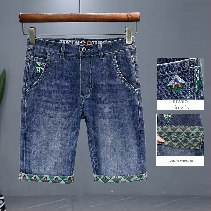 Férfi nyári vékony denim rövidnadrág, laza egyenes szabás, mikro-elasztikus pamut-keverék
