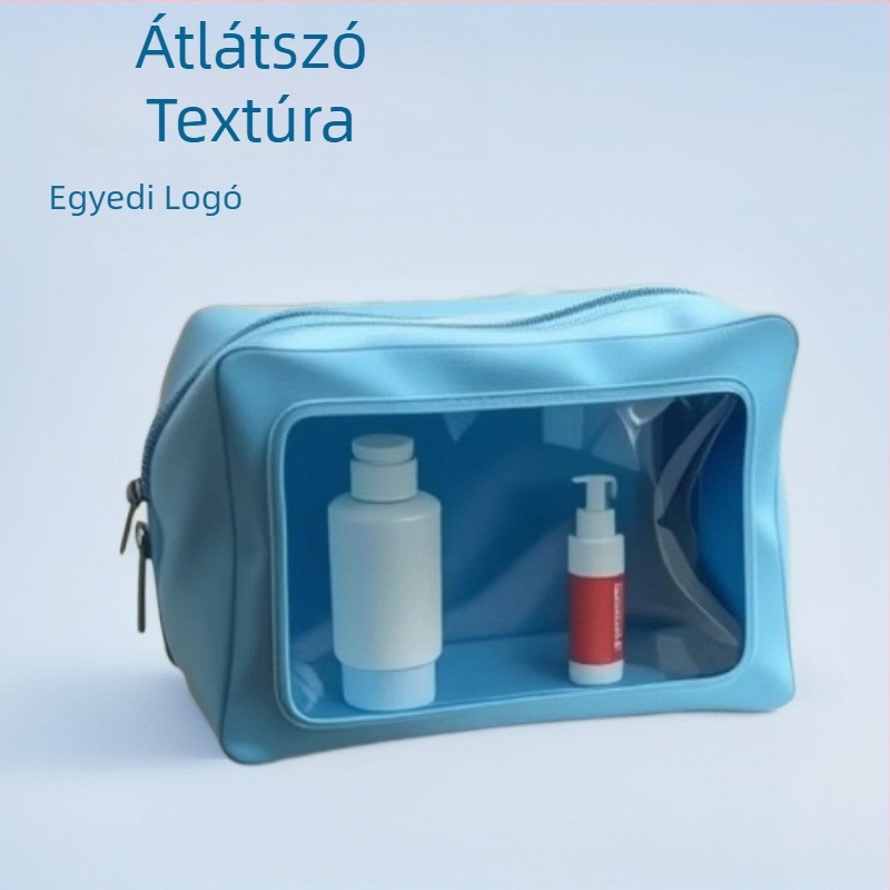 PVC vízálló sminktáska belső rácsos rekeszekkel, kerek forma, levehető fogantyú