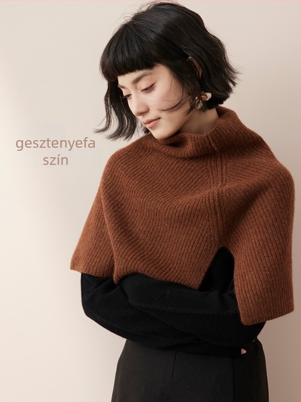 100% kasmír kötött poncsó magas gallérral és sállal, meleg télen