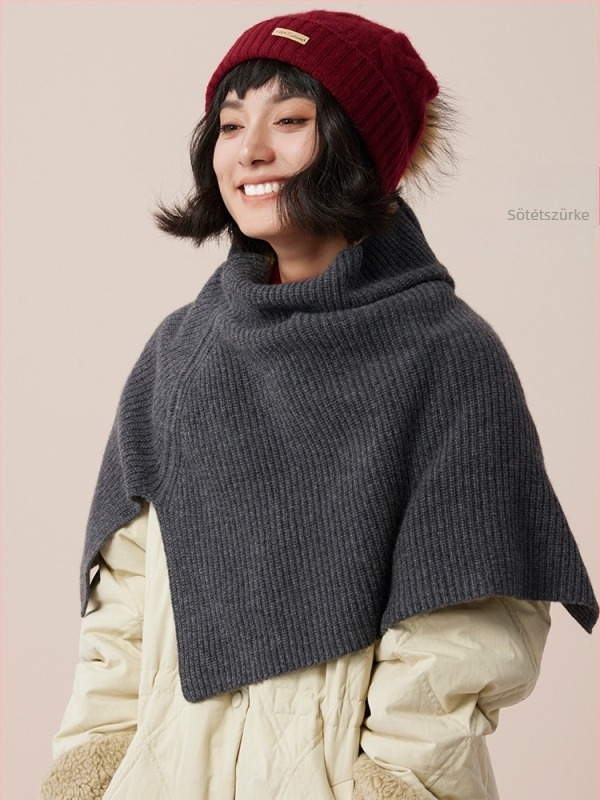 100% kasmír kötött poncsó magas gallérral és sállal, meleg télen