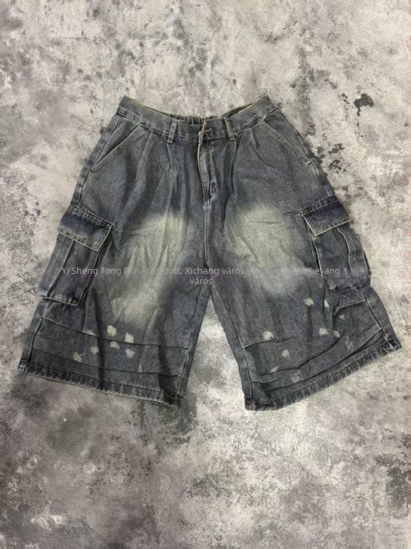 Pamut denim farmernadrág több zsebbel, laza szabás, cropped hossz, utcai stílus