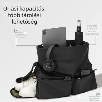 Crossbody utazótáska, multifunkciós száraz–nedves szétválasztással, vízálló és ultra könnyű, kapacitás 20–35 L, Leather film anyag, belső poliészter bélés, városi minimalista stílus.