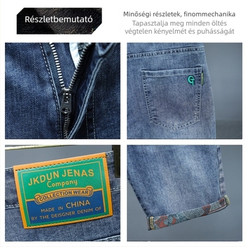 Férfi denim rövidnadrág - egyenes szabás, középmagasságú, cipzár, hímzett minta, mikro-elasztikus