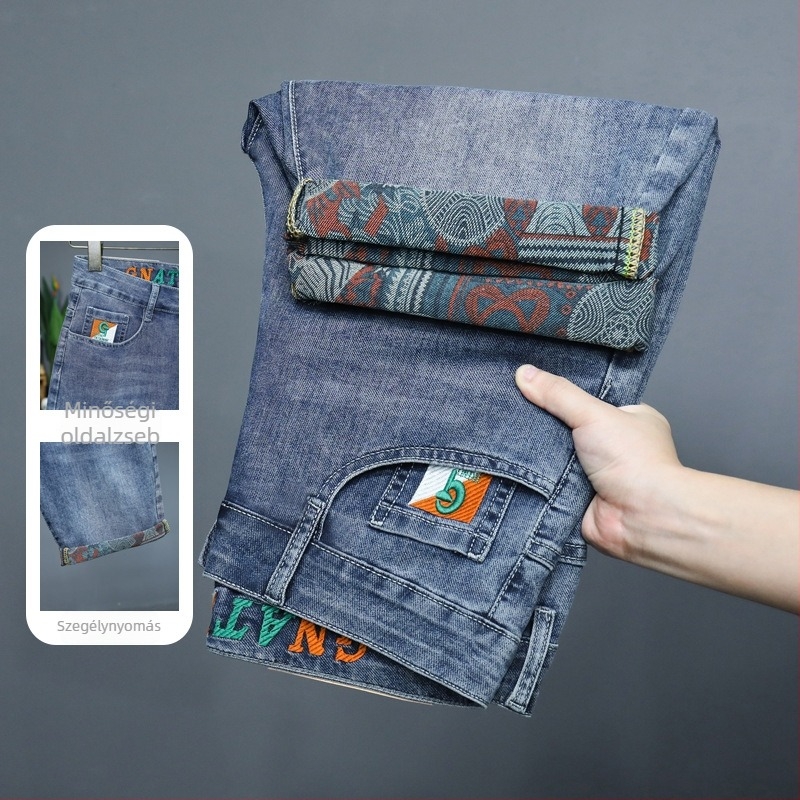Férfi denim rövidnadrág - egyenes szabás, középmagasságú, cipzár, hímzett minta, mikro-elasztikus