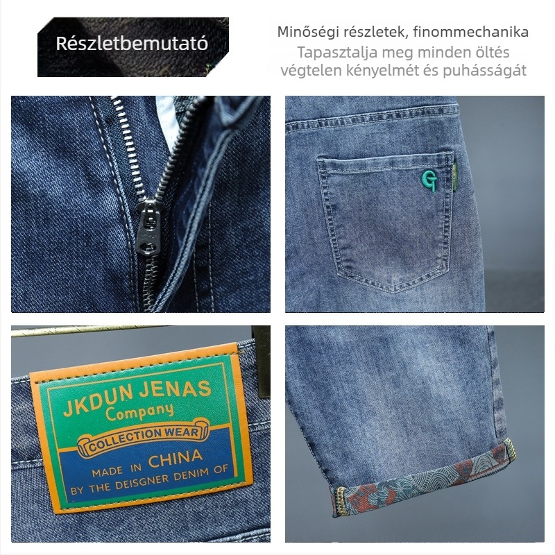 Férfi denim rövidnadrág - egyenes szabás, középmagasságú, cipzár, hímzett minta, mikro-elasztikus