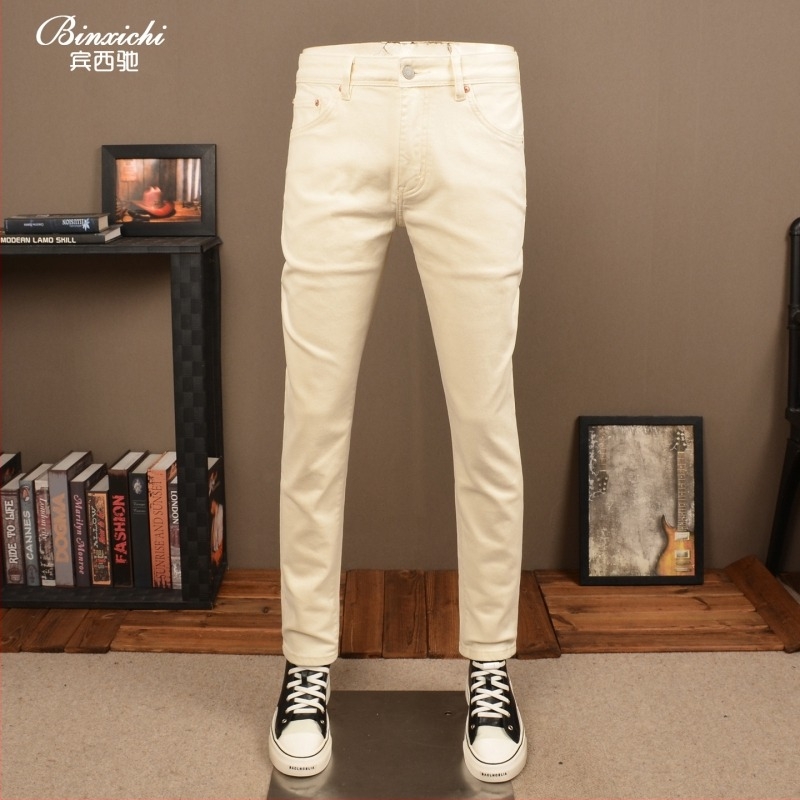 Férfiaknak szóló 2025 ősz-tél retro off-white denim nadrág, rugalmas slim fit, vastag hétköznapi nadrág