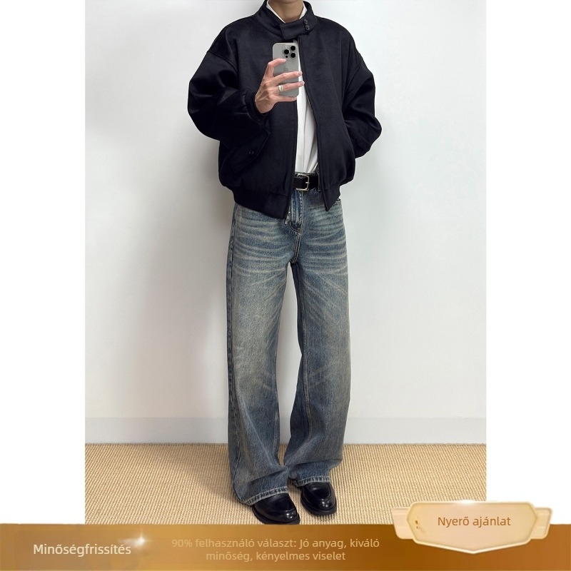 Férfi retro farmernadrág, egyenes szabás, középmagasságú derék, cipzár, denim