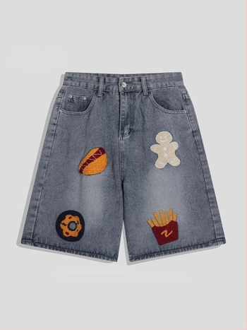 Denim rövidnadrág hímzett mintával, középmagas derék, laza szabású, pamut anyag