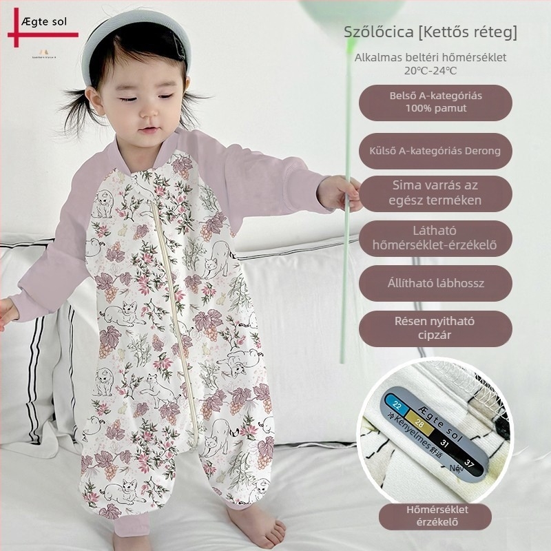 Kisbabáknak szánt hálózsák split-láb dizájnnal, Derong anyagból (polyeszter + spandex), pamut bélés, tiszta pamut töltet, téli–tavaszi–ősz használatra