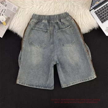 Férfi denim rövidnadrág, koreai stílusú patchwork, egyenes szabás, nyárra