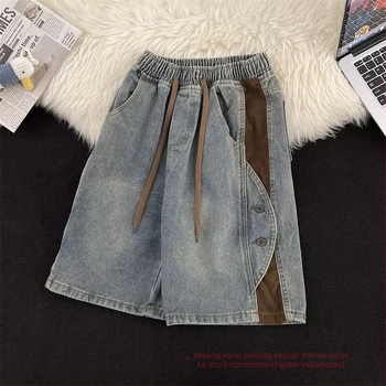Férfi denim rövidnadrág, koreai stílusú patchwork, egyenes szabás, nyárra