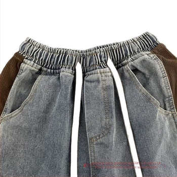 Férfi denim rövidnadrág, koreai stílusú patchwork, egyenes szabás, nyárra
