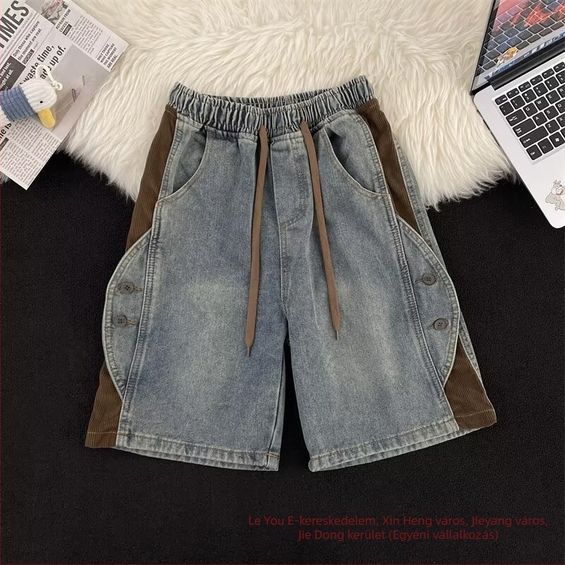 Férfi denim rövidnadrág, koreai stílusú patchwork, egyenes szabás, nyárra