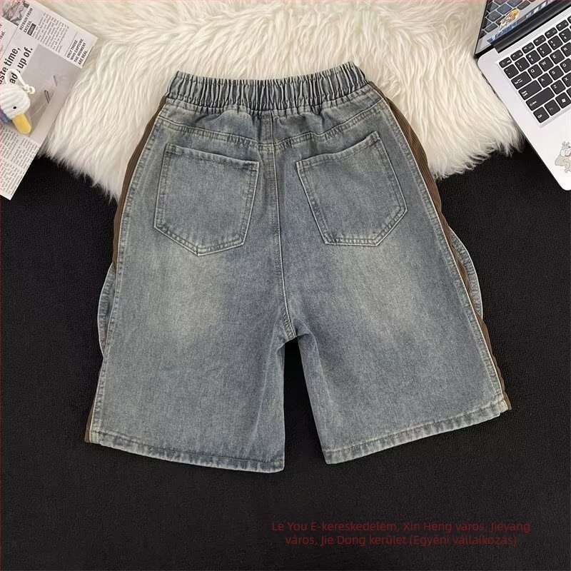 Férfi denim rövidnadrág, koreai stílusú patchwork, egyenes szabás, nyárra