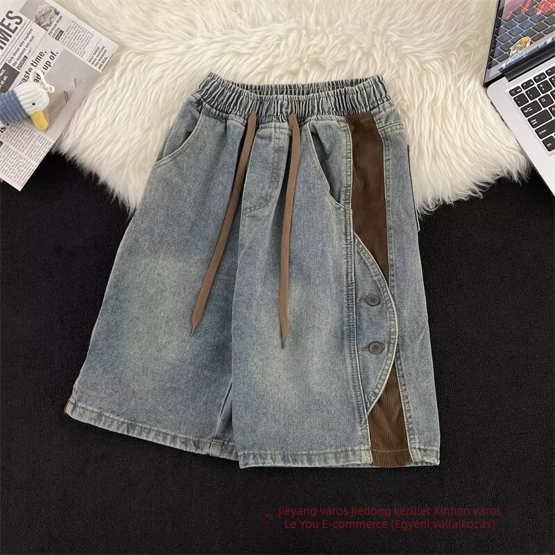Férfi denim rövidnadrág, koreai stílusú patchwork, egyenes szabás, nyárra