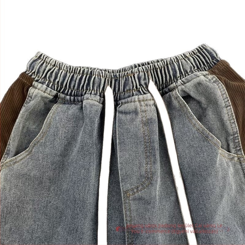 Férfi denim rövidnadrág, koreai stílusú patchwork, egyenes szabás, nyárra