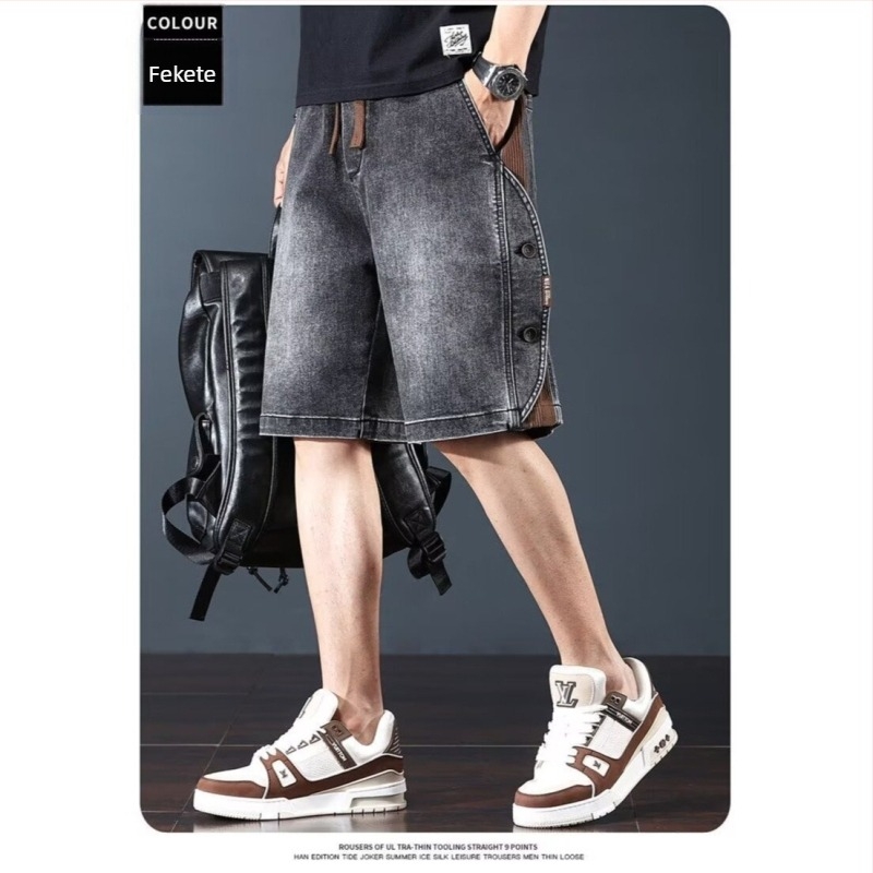 Férfi denim rövidnadrág, koreai stílusú patchwork, egyenes szabás, nyárra