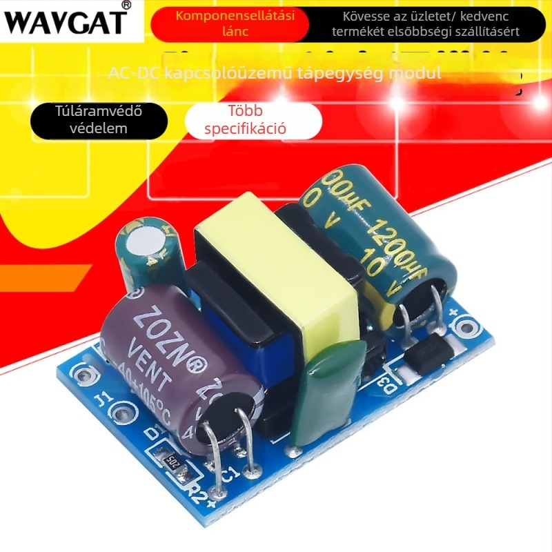 Szigetelt AC-DC kapcsoló tápegység modul, bemenet 220V, kimenetek 5V/9V/12V, áramértékek 400/500/700 mA és 1A.