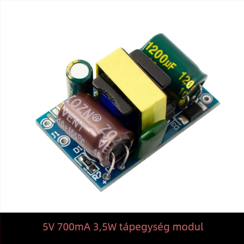 Szigetelt AC-DC kapcsoló tápegység modul, bemenet 220V, kimenetek 5V/9V/12V, áramértékek 400/500/700 mA és 1A.