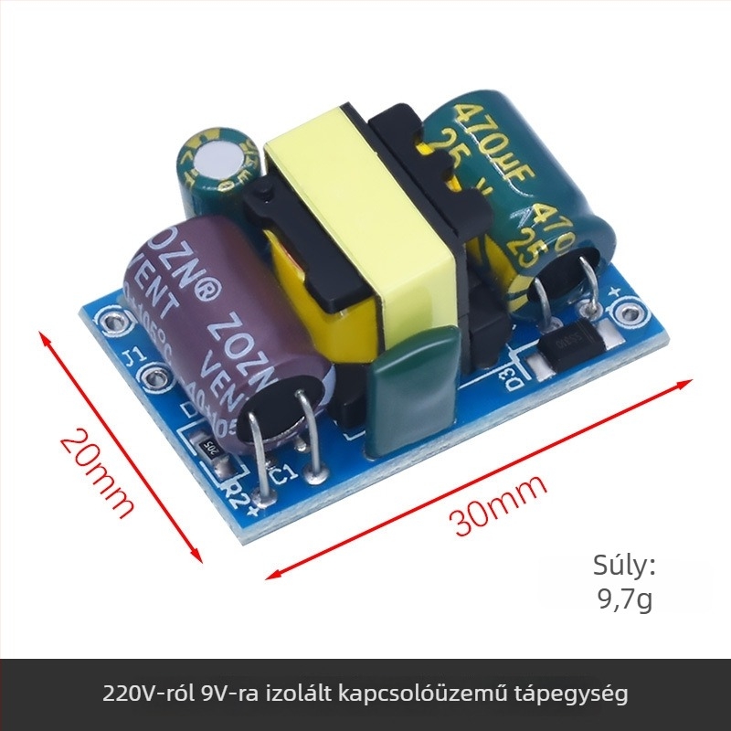 Szigetelt AC-DC kapcsoló tápegység modul, bemenet 220V, kimenetek 5V/9V/12V, áramértékek 400/500/700 mA és 1A.