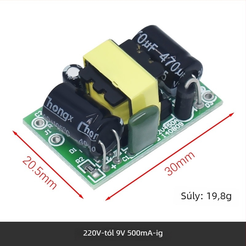 Szigetelt AC-DC kapcsoló tápegység modul, bemenet 220V, kimenetek 5V/9V/12V, áramértékek 400/500/700 mA és 1A.