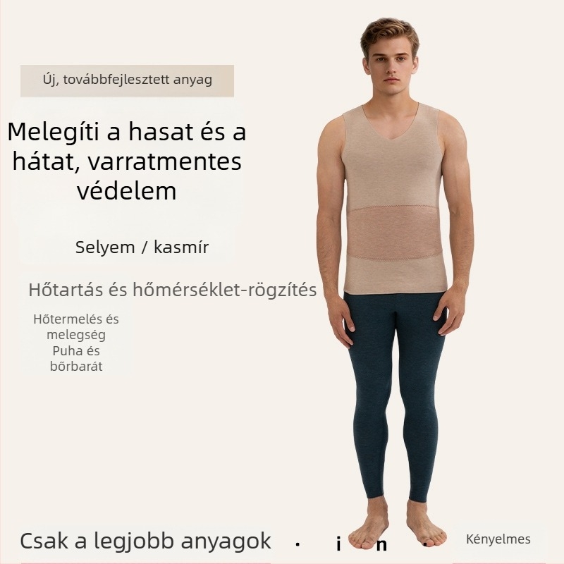 Férfi kasmír-selyem termoszett: mellény és nadrág velúr foltokkal, extra vastag téli meleg