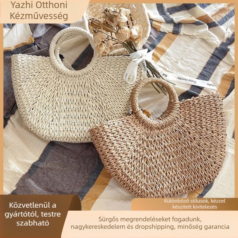 Városi minimalist stílusú szalma fonott tote táska, téglalap alakú forma, nyitott felső, belső cipzáras zseb.