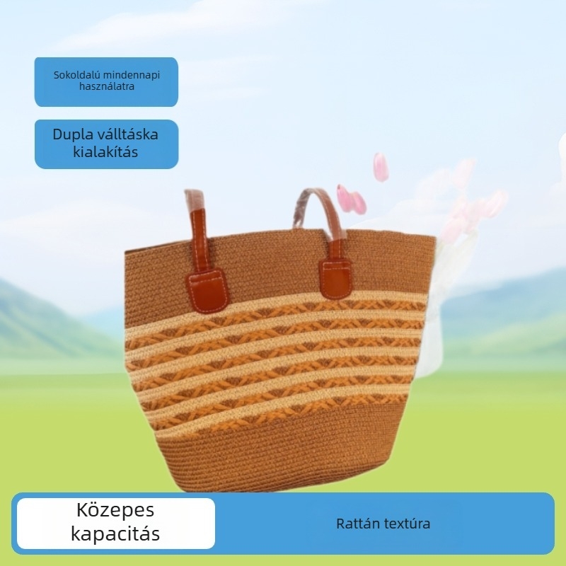 Kézzel szőtt szalma táska — minimalistus csendes luxus, ovális forma, cipzáras nyitás, poliészter bélés, duplán pánt, belső zsebek telefonra és dokumentumokra, mindennapi viselet, Tavasz 2026