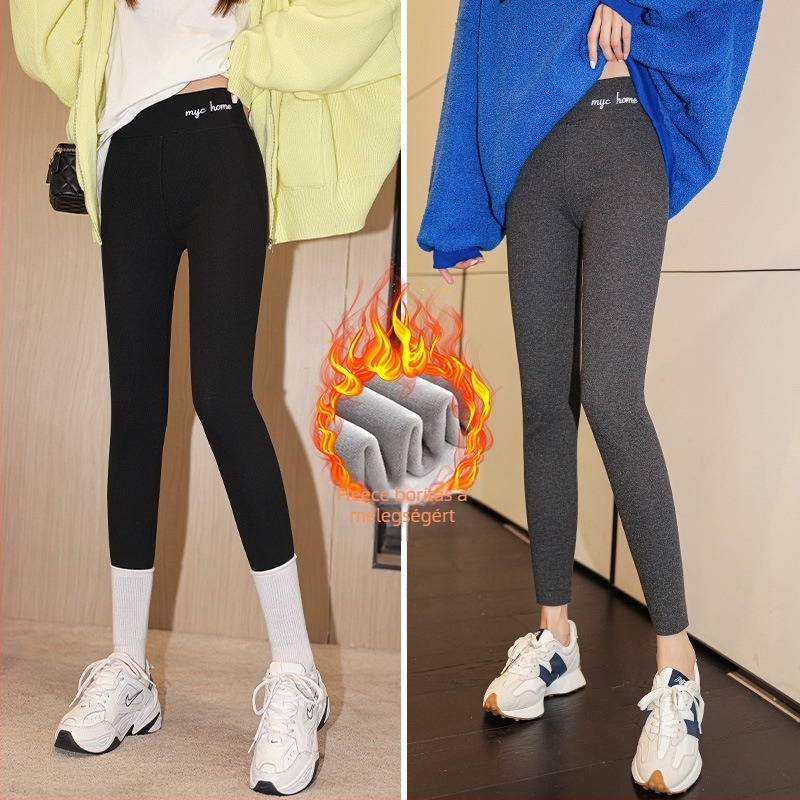 Téli leggings fleece béléssel, vastag, magas rugalmasság, karcsúsított szabású jóga nadrág fenék-emelő hatással, poliészter-viszkóz-spandex keverék