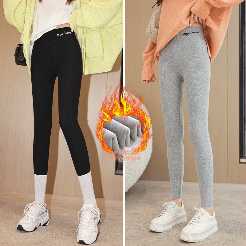 Téli leggings fleece béléssel, vastag, magas rugalmasság, karcsúsított szabású jóga nadrág fenék-emelő hatással, poliészter-viszkóz-spandex keverék