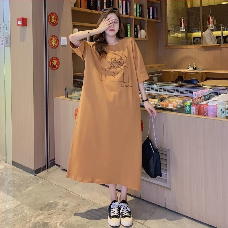 Nyári kismama ruha, koreai stílus, laza szabás, kerek nyak és fél-ujjak, tej-selyem anyag 80–90% spandex