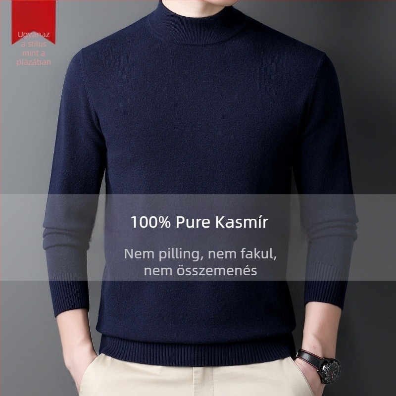 Férfi kasmír pulóver — fél magas gallér, bő szabás, hosszú ujjú, 95% kasmír, tél 2024