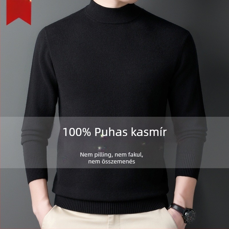 Férfi kasmír pulóver — fél magas gallér, bő szabás, hosszú ujjú, 95% kasmír, tél 2024