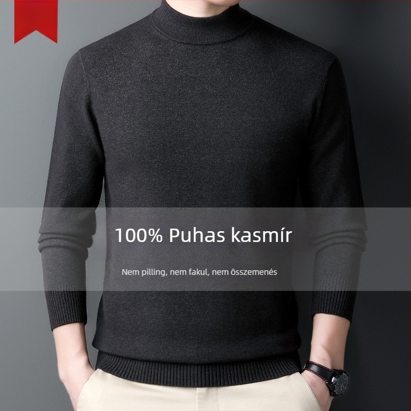 Férfi kasmír pulóver — fél magas gallér, bő szabás, hosszú ujjú, 95% kasmír, tél 2024