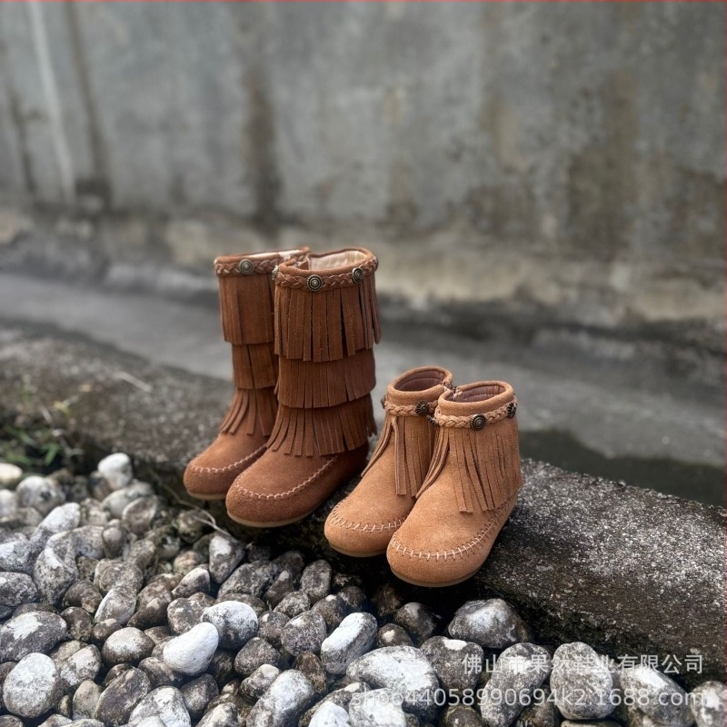 DuoReMi retro lányoknak 25Aw21, pamut csizmák bojtokkal, rövid téli bőr csizmák hátul cipzárral