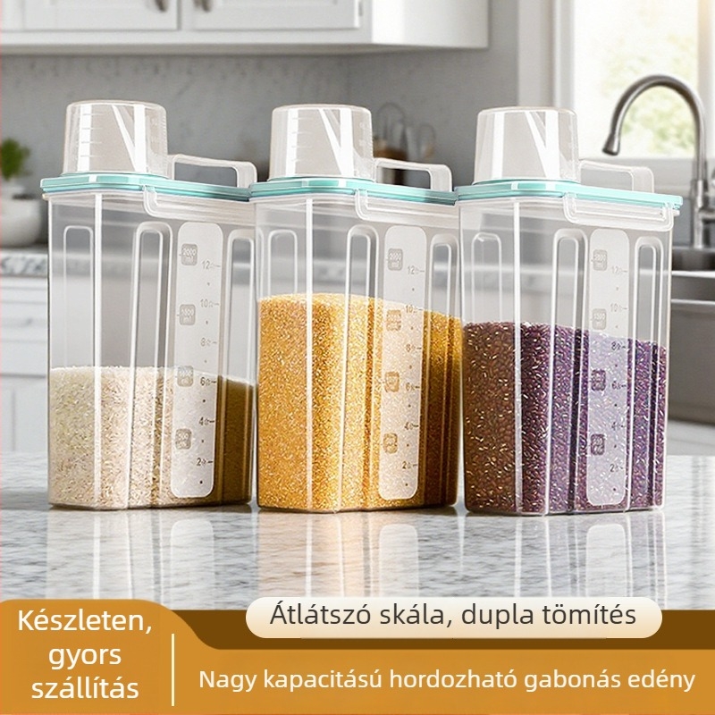 Gabonatároló doboz, négyszögletes műanyag tartó, 1 réteg, 1–2 l űrtartalom, modern egyszerű stílus