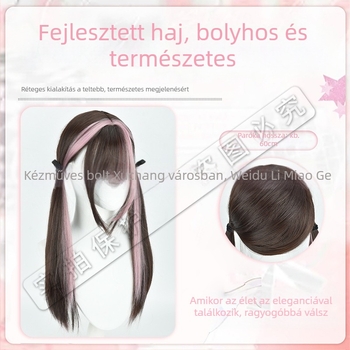 Lolita paróka két copf al, csokoládé melírekkel és rózsaszín csíkokkal, hosszú, egyenes haj, japán stílus (haj anyaga: hőálló huzal; feldolgozás technológiája: mechanizmus; frizura: copf; stílus: természetes; bőrszín: minden árnyalat)