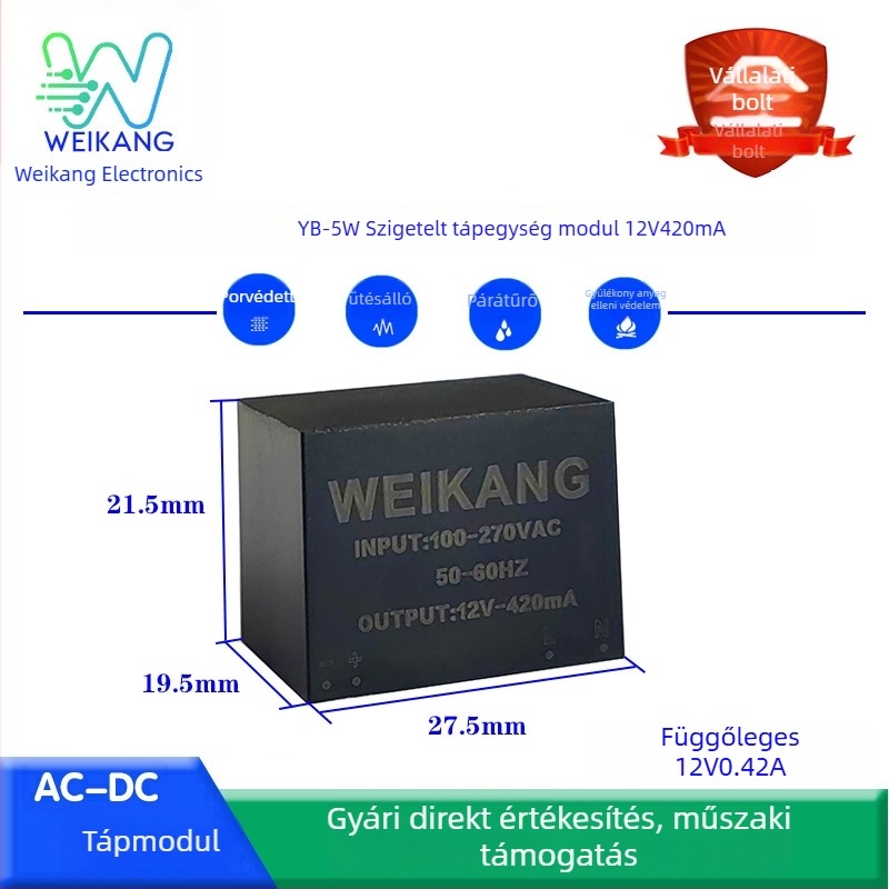 Tápegység modul, 24W, 12V2A és 24V1A kimenetek, zajmentes, potting izoláció, AC-DC, széles bemeneti tartomány